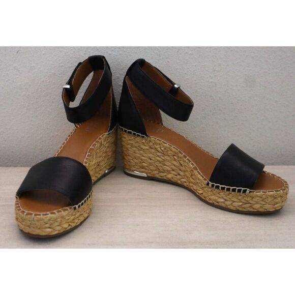 Franco Sarto WMN Sz 8M Black Leather Clemens Raffia Espadrille Wedge Sandals - Picture 11 of 12